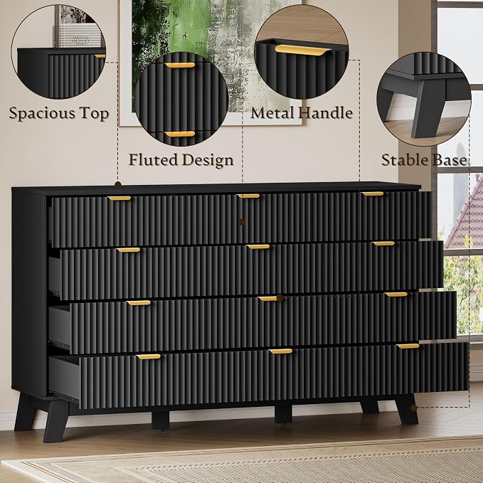 BORNOON 57" Wide Dresser for Bedroom, 12-Drawer Fluted Dresser with Metal Handles, Wood Chest of Drawers with Smooth Slides and Stable Base, Storage Cabinet for Living Room, Nursery, Timeless Noir