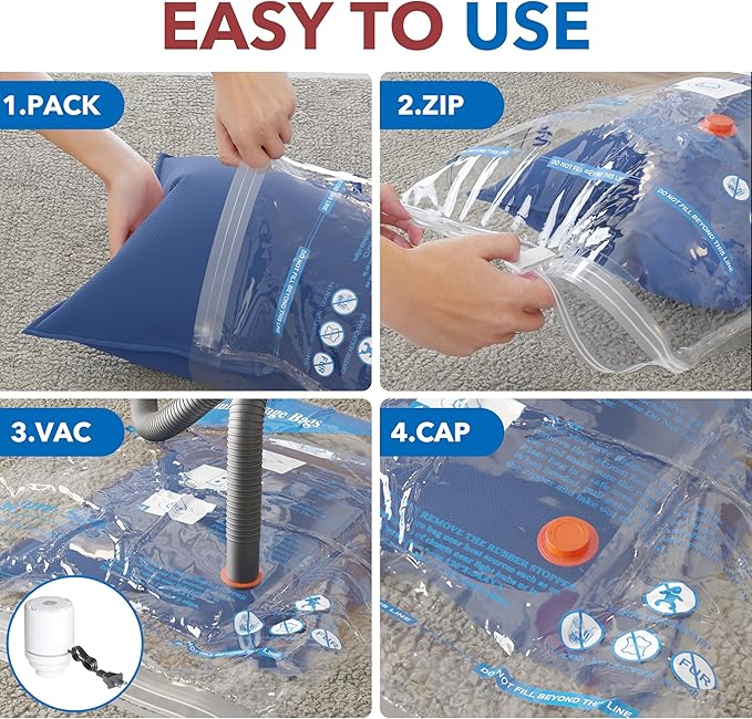 Vacuum Seal Bags for Clothing Travel & Home Storage, travel vacuum bags with pump, Store Blankets, Comforters, Pillows, Seasonal Clothes Compactly,24 Pack With Electric Pump