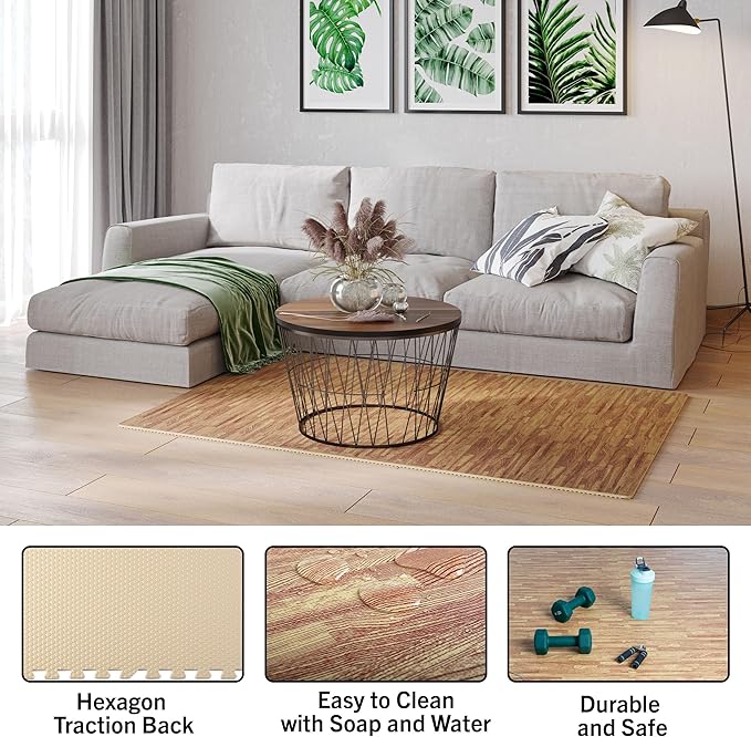 Foam Floor Tiles - 96sqft Wood Grain Interlocking Foam Tiles with Border - Foam Play Mat Playroom or Gym Flooring for Home Gym by Stalwart (Light)