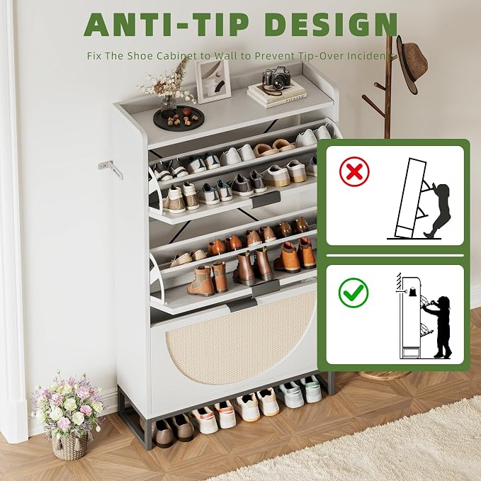 Flip Drawer Shoe Cabinet, Slim Narrow Entryway Storage Furniture with Hidden Flip-Open Organizer, Engineered Wood & Veneer Construction, Hallway Living Room Foyer, 3 Drawer, White