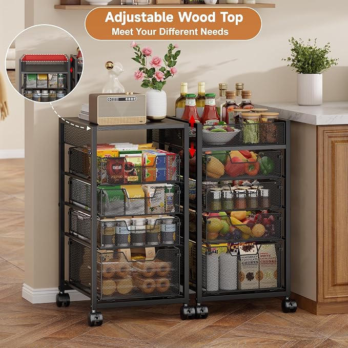 5-Tier Rolling Utility Cart with Adjustable Wood Top (Tabletop or Basket) | Metal Kitchen Storage Cart - Fruit Vegetable Storage Rack with Wheels & 4 Drawers,, Pantry Snack Cart for Cans, Craft, Art