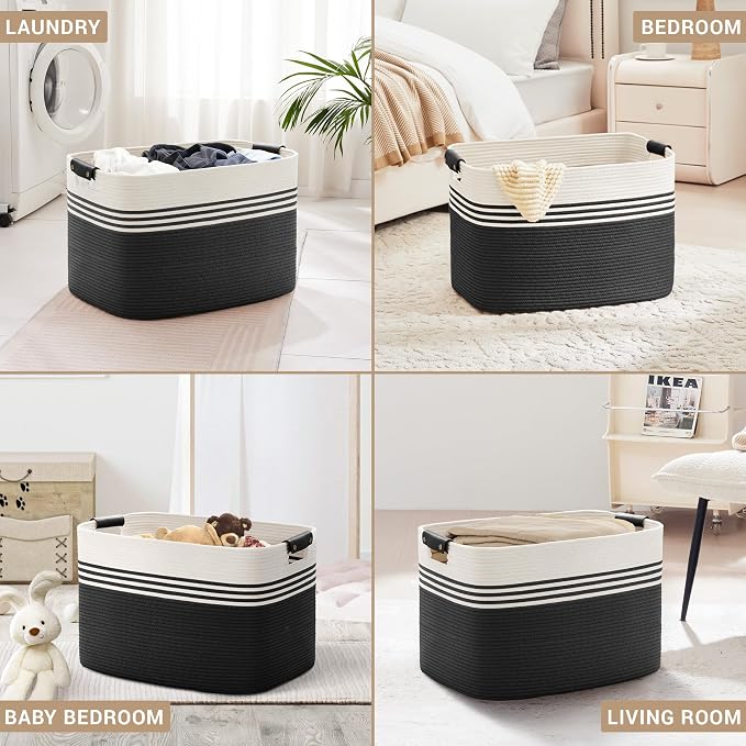 100L Large Woven Laundry Basket Hamper with Leather Handles,Black | 24"x16"x16", collapsible wicker hamper, storage for dirty clothes, toys, blankets, gifts, living room, bedroom, bathroom