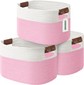 ECDYQXVU 15x10x9 Woven Cotton Rope Storage Basket, Leather Handles 3 Pack | Foldable Design, Sturdy PU Handles, Easy to Clean Organizer for Living Room, Closet, Shelves, Bedroom, Laundry, Clothes