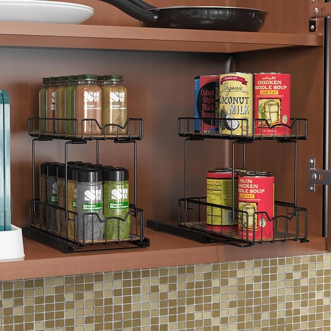 Simple Houseware 2-Tier Spice Rack Slide Out Wire Basket Drawer, Black | 2-Tier Spice Rack Slide Out Wire Basket Drawer Organizer