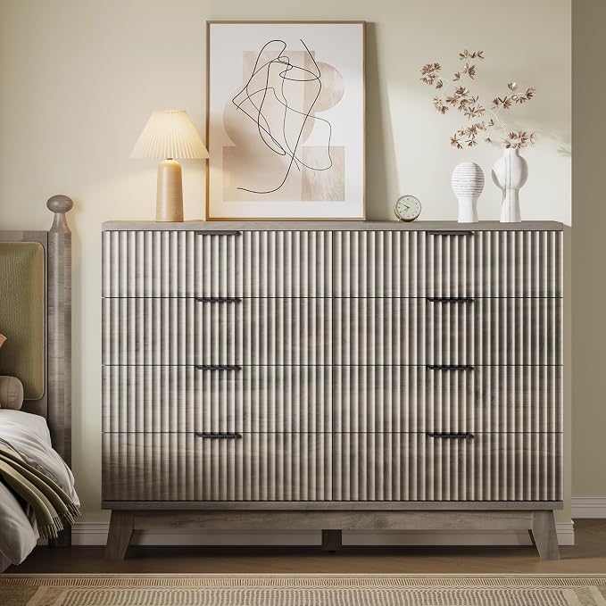 BORNOON 53" Wide Dresser for Bedroom, 8-Drawer Fluted Chest of Drawers, Modern Wood Highboy with Metal Slides and Handles, Anti-Tip Kit, Vertical Clothes Storage Organizer for Apartment, Closet