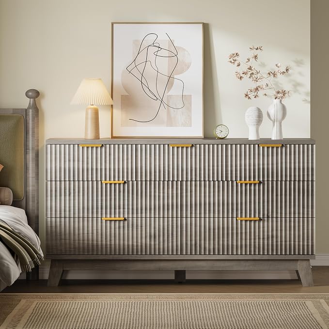 BORNOON Fluted 7 Drawer Dresser, 47.2" Wide Modern Boho Chest of Drawers, Wooden Storage Dresser TV Stand for Bedroom, Living Room, Closet, Hallway, Curved Profile Design
