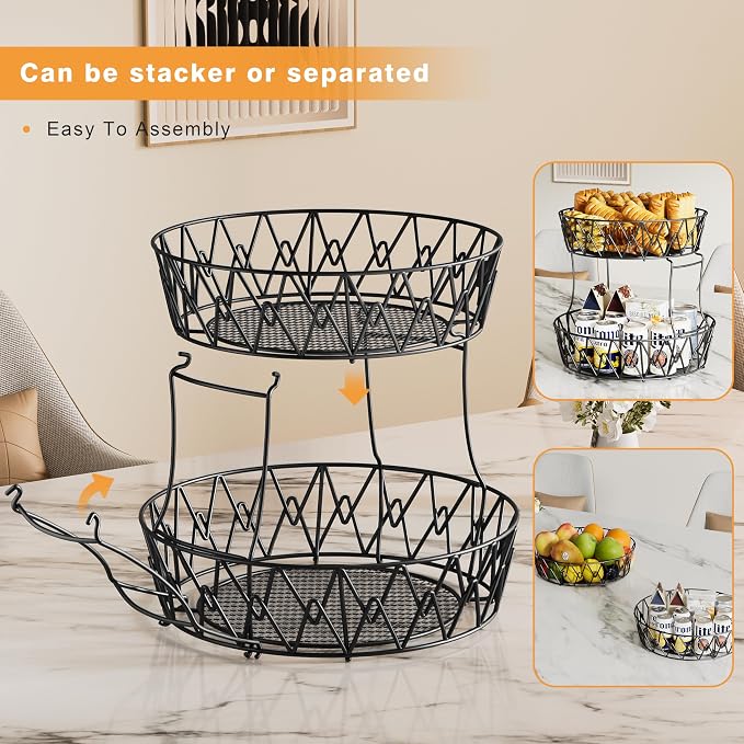 2 Tier Fruit Basket for Kitchen Counter with 2 Banana Hangers,Black Round | 2-Tier Fruit Basket Bowl Stackable Vegetable Storage for Kitchen Countertop, Metal Wire Basket for Bread Onions Potatoes