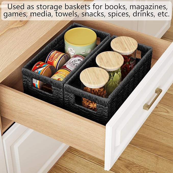 Vagusicc Wicker Storage Basket, Set of 2 Hand Woven Wicker Baskets for Organizing with Handles, Decorative Small Storage Bins for Countertop Toilet Paper Basket for Toilet Tank Top, Shelves, Black