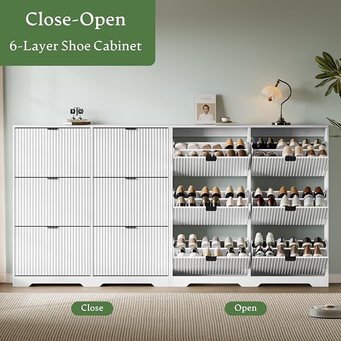 Xixini Shoe Storage Cabinet for Entryway with 6 Flip Drawers, Hidden Slim Wood Shoe Organizer with Modern Fluted Panel, Freestanding Narrow Shoe Rack for Front Door Entrance, Hallway, Foyer, White