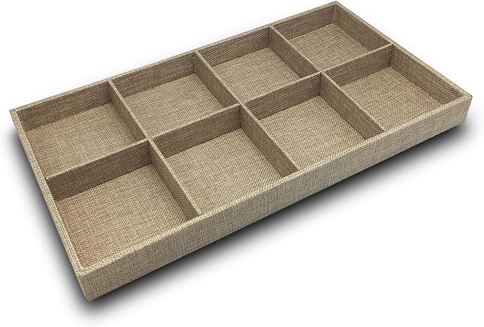 The Display Guys - Stackable Jewelry Tray and Organizer - for Drawers, Dressers, Store Display (8 Compartments, Beige Burlap)