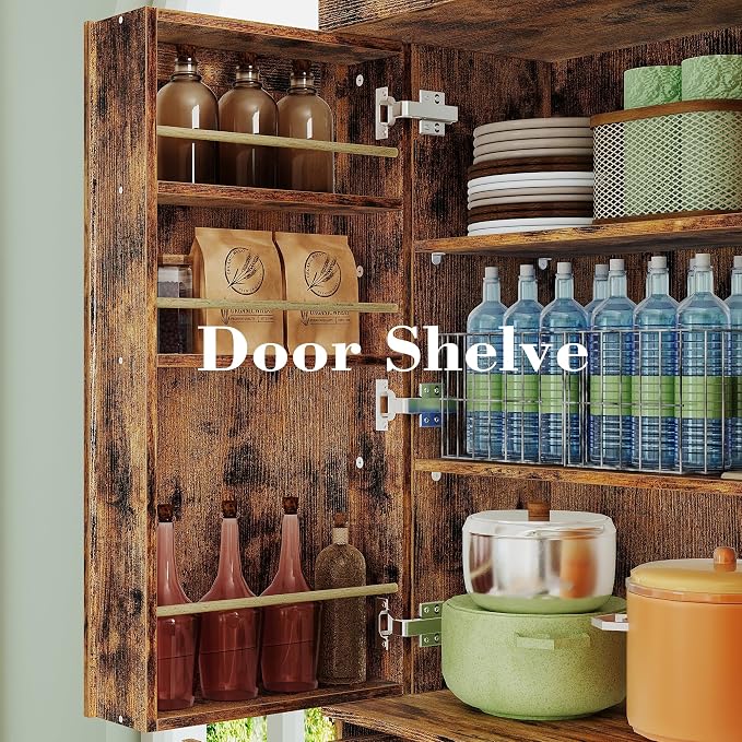 IRONCK Kitchen Pantry Cabinet 72" Height, Freestanding Cupboard with Drawer, Sliding Storage Rack, and 6 Hanging Shelves for Dining Room, Laundry, Living Room, Vintage Brown