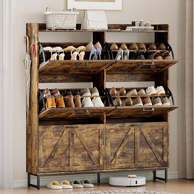 Wodeer Shoe Cabinet Storage for Entryway, Shoe Storage Cabinet with 6 Flip Drawers, Freestanding Narrow Shoe Rack Organizer with Metal Legs, Adjustable Shelves & Open Storage for Foyer, Hallway, Brown