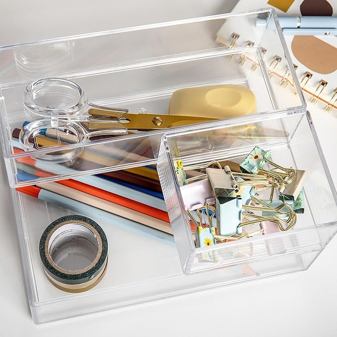 Martha Stewart Brody Desktop Storage Organizer, Stack and Slide Plastic Organizer Tray, Organizer for Office, Kitchen, or Vanity, 1-S, 1-M, 1-L