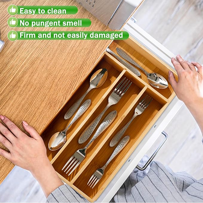 Greenual Silverware Organizer 10 In Utensil Organizer Silverware Tray for Drawer Cutlery Flatware Organizer for Kitchen Bamboo Wood 2 Pack