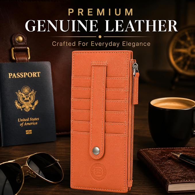Leatherboss All in One Card Case Holder Slim Wallet With a Card Protection Strap (Orange)