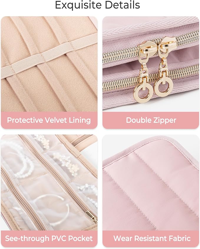 Marscamd Travel Jewelry Case Organizer, Foldable Jewelry Bag, Pink | with Zipper Jewelry Bag for Earrings, Rings, Necklaces, Bracelets, Brooches