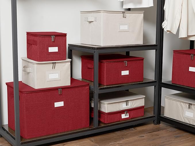 Covermates Keepsakes Zip-Top Storage Box Set, 3 Pack Heavy Duty Polyester Organizer Bins, Stackable Design, ID Window, Reinforced Handles, Closet Home Storage, Red Heather