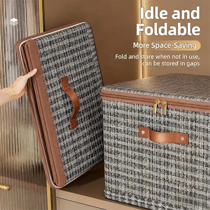 4 Pack 44.3 Quart Fabric Storage Bins with Lid, 17.7x13.8x10.2 in Stackable Closet Organizer Baskets, Foldable Polyester Cube Storage with Handles, Decorative Organizer Boxes for Shelves, Grey