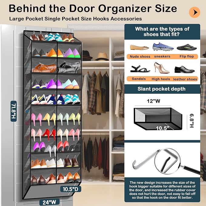 Kotkn 10-Tier Over the Door Shoe Organizer, 20 Pockets Holds 20-30 Pairs, Heavy-Duty Oxford Fabric with Hexagon Mesh for Boots & Sneakers-Dark Gray