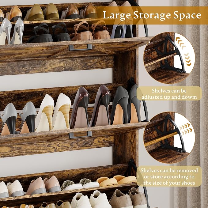 Wodeer Shoe Cabinet Storage for Entryway, Shoe Storage Cabinet with 3 Flip Drawers, Freestanding Narrow Shoe Rack Organizer with Metal Legs & Side Hook for Foyer, Hallway, Brown