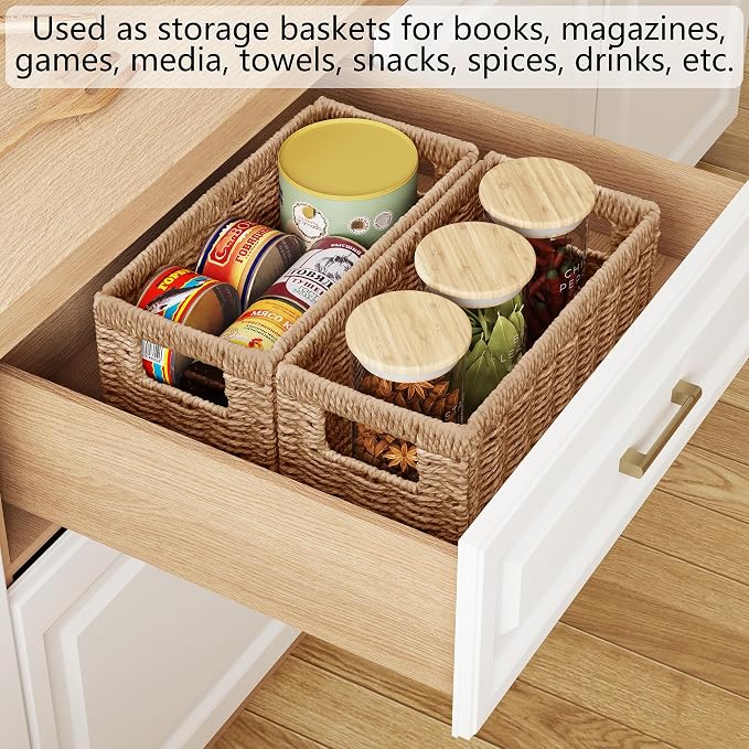 Vagusicc Wicker Storage Basket, Set of 2 Hand Woven Wicker Baskets for Organizing with Handles, Decorative Small Storage Bins for Countertop Toilet Paper Basket for Toilet Tank Top, Shelves, Natural
