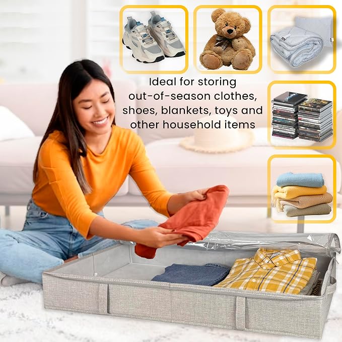 Gray Low Profile Under Bed Storage Containers 5 inches high, 33.8"x 17.7"x 5.1", Sturdy Underbed Shoe Storage Organizer, White Foldable Fabric Under the Bed Storage Bins - Pack of 2