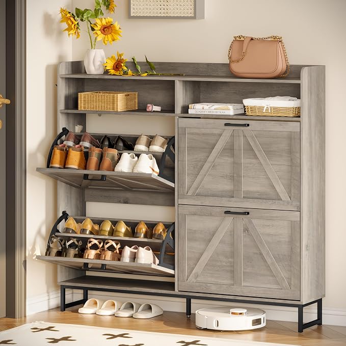Wodeer Shoe Cabinet Storage for Entryway, Shoe Storage Cabinet with 4 Flip Drawers, Freestanding Narrow Shoe Rack Organizer with Metal Legs, Adjustable Shelves & Open Storage for Foyer, Hallway, Grey