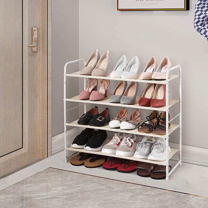Simple Trending Shoe Rack - 4-Tier Shoe Organizer, Expandable & Adjustable Fabric Shoe Shelf Storage Organizer for Closet, Entryway, Bedroom, White