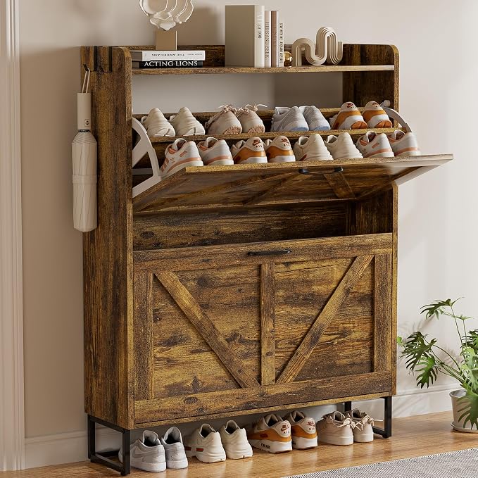EOYUTLLY Shoe Cabinet for Entryway with 2 Flip Drawers,Narrow Wooden Shoe Storage Cabinet with Metal Legs,Hold 24 Pairs, 4-Tier Adjustable Shelves–Freestanding Hidden Shoe Organizer for Hallway, Foyer