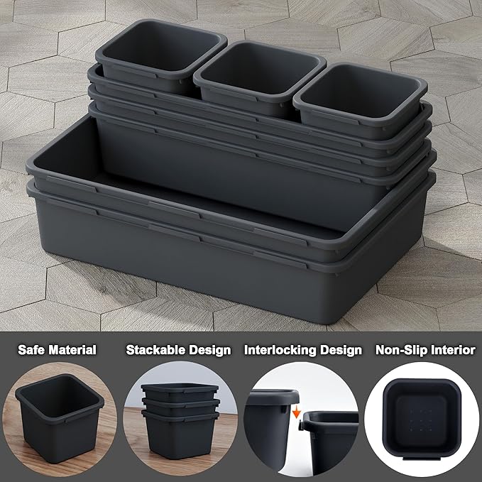 QUELIEN Desk Drawer Organizer Tray Set, 8PCS Plastic Drawer Organizer Bins for Office, Makeup, Kitchen - Gray Blue Desk Organizer with Flexible Interlocking Design for Efficient (Gray Blue, 8PCS)