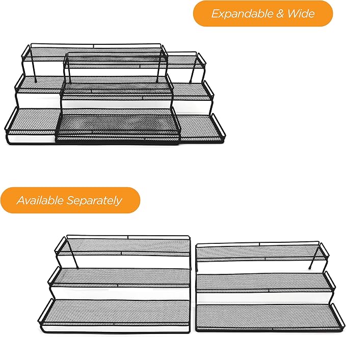 3 Tier Wide Expandable Cabinet Spice Rack Organizer (14.5" to 29.1") - Step Shelf with Protection Railing, Black | Wide, deep expandable spice rack for large spice jars, seasoning bottles, cans, and pantry organization.