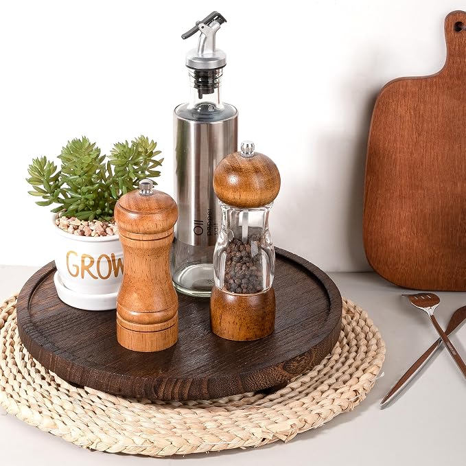 Round Decorative Tray Farmhouse Kitchen Decor Soap Dish, 11" Dark Brown | Waterproof, Lightweight, Easy Clean, Wood Riser Pedestal Stand Accessories for Office Desk, Vanity, Counter, Sink