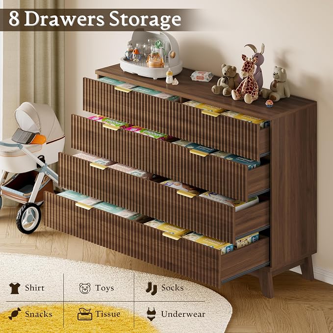 BORNOON Fluted 8 Drawer Tall Dresser, 47.2" Wide Modern Boho Chest of Drawers, Wooden Storage Dresser TV Stand for Bedroom, Living Room, Closet, Hallway, Curved Profile Design