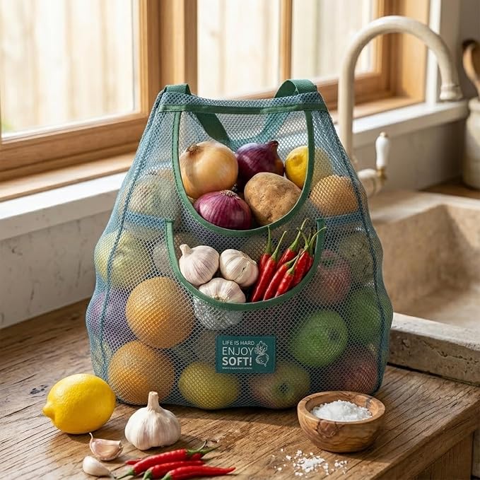 Durable Hanging Mesh Bags for Fruit & Vegetables. Reusable, Breathable Storage for Garlic, Potatoes & Pantry. Eco-Friendly Kitchen Organizer & Decor (2 extra large blue bags)