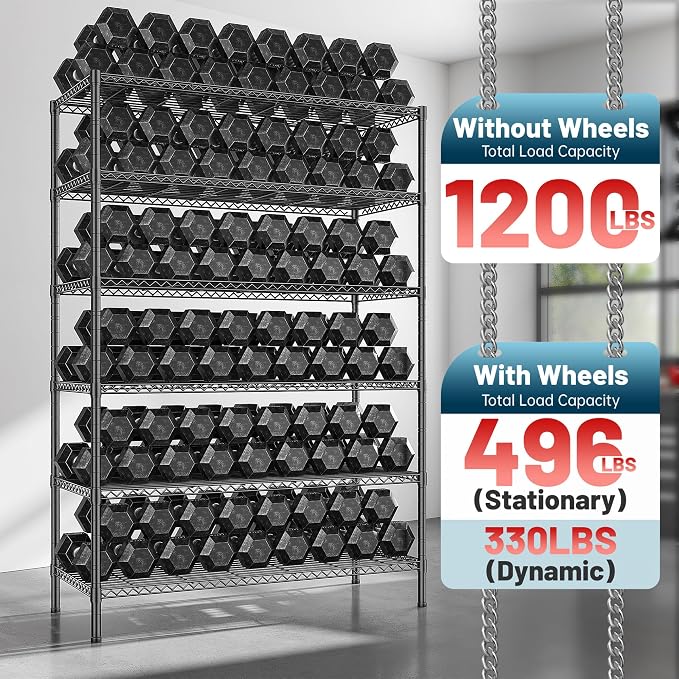 Romorgniz 6-Tier Rolling Storage Shelves, 82" H x 45" W x 18" D Adjustable Wire Shelving Unit with Locking Wheels, Heavy-Duty Metal Rack for Garage, Pantry, Kitchen, Basement – Black