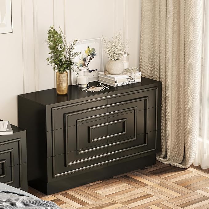 Aoikax Modern 6-Drawer Dresser, Sculptural Mid-Century Drawer of Chest with Geometric Square Pattern, Contemporary Accent Dresser for Bedroom, Living Room, Black