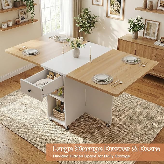 Jocoevol Folding Dining Table for Small Spaces, Foldable Kitchen Table with Drawer, 2-Tier Storage Shelf & Wheels, Space Saving Dining Table for 2 4, Farmhouse, Natural
