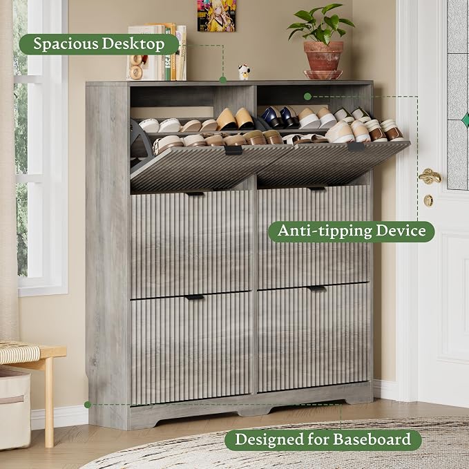 Xixini Shoe Storage Cabinet for Entryway with 6 Flip Drawers, Hidden Slim Wood Shoe Organizer with Modern Fluted Panel, Freestanding Narrow Shoe Rack for Front Door Entrance, Hallway, Foyer, Grey