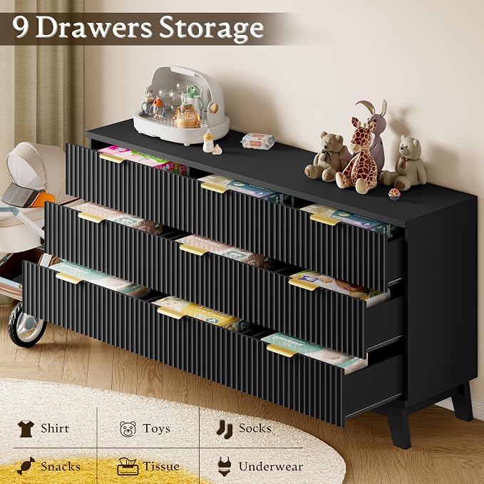 BORNOON Fluted 9 Drawer Dresser, 57.1" Wide Modern Boho Chest of Drawers, Wooden Storage Dresser TV Stand for Bedroom, Living Room, Closet, Hallway, Curved Profile Design