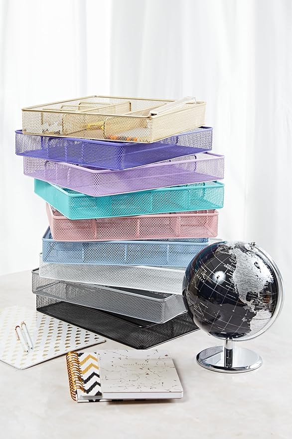 Annova Desk Top Organizer Tray for Office Organization - Metal Mesh - Storage Tray with Dividers for Pens, Desktop Accessories, Bathroom, Kitchen, Makeup and Office Supplies (Large, Black)