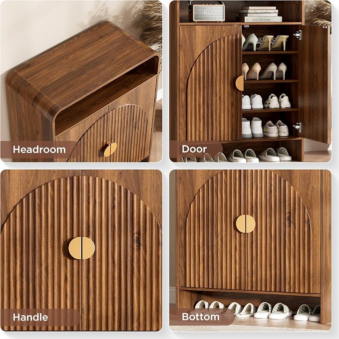 Maupvit Modern Shoe Cabinet for Entryway, Shoe Storage Cabinet with Fluted Doors, Wood Shoe Organizer with Open Shelves & Golden Handles, Freestanding Shoe Rack for Hallway, Living Room, Walnut