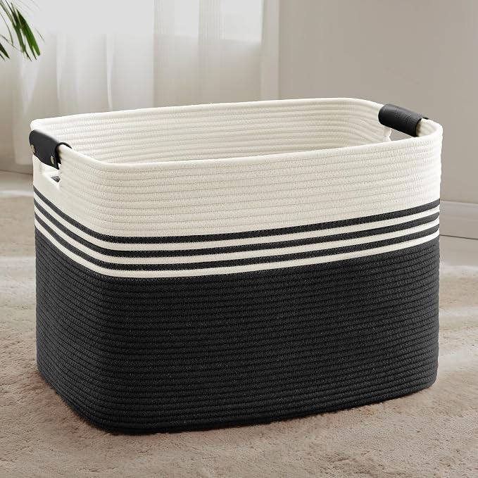 100L Large Woven Laundry Basket Hamper with Leather Handles,Black | 24"x16"x16", collapsible wicker hamper, storage for dirty clothes, toys, blankets, gifts, living room, bedroom, bathroom