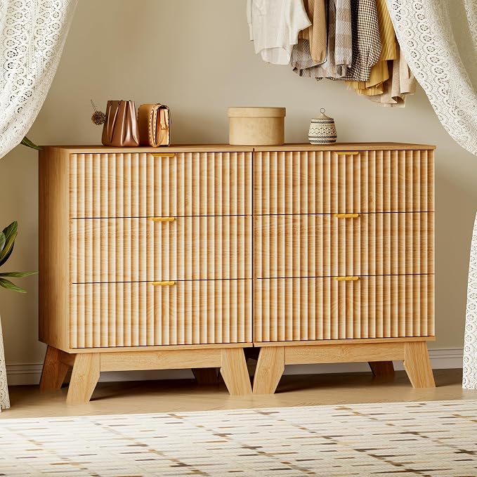 BORNOON Fluted 3 Drawer Dresser, 30.3" Tall Compact Modern Boho Chest of Drawers, Wooden Storage Cabinet for Bedroom, Living Room, Entryway, Curved Profile Design