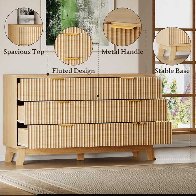 BORNOON 53" Long Dresser for Bedroom, 6-Drawer Dresser with Fluted Fronts, Wide Wood Chest of Drawers, Smooth Metal Slides, Stable Base, Modern Clothes Storage Cabinet for Living Room, Hallway