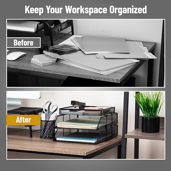 Mind Reader 2 Tier Paper Tray with Top Supply Compartment, Desktop File Organizer, Metal Mesh, Black