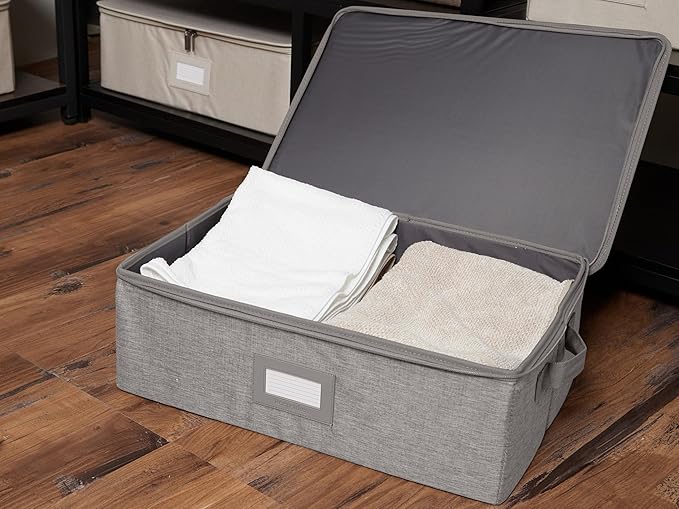 Covermates Keepsakes Zip-Top Storage Box Set, 3 Pack Heavy Duty Polyester Organizer Bins, Stackable Design, ID Window, Reinforced Handles, Closet Home Storage, Grey Heather
