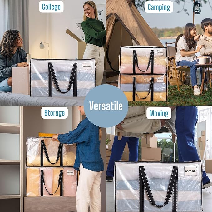 VENO 6 Pack Clear Moving Bags, 90L Extra Large Transparent Storage Totes, Heavy Duty 50lbs Load, Reinforced Handles, Zippers & Tag, See-Through Packing Boxes for Organizing Closet, Bedding, Clothes