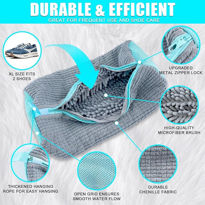 Shoe Washing Machine Bag, 2 Pack Shoe Laundry Bags for Washer and Dryer, Reusable Sneaker Wash Bag with Self-Locking Zipper, 360° Deep Cleaning, Protects Shoes and Washer(Gray)