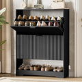Xixini Shoe Storage Cabinet for Entryway with 2 Flip Drawers, Hidden Slim Wood Shoe Organizer with Modern Fluted Panel, Freestanding Narrow Shoe Rack for Front Door Entrance, Hallway, Foyer, Black