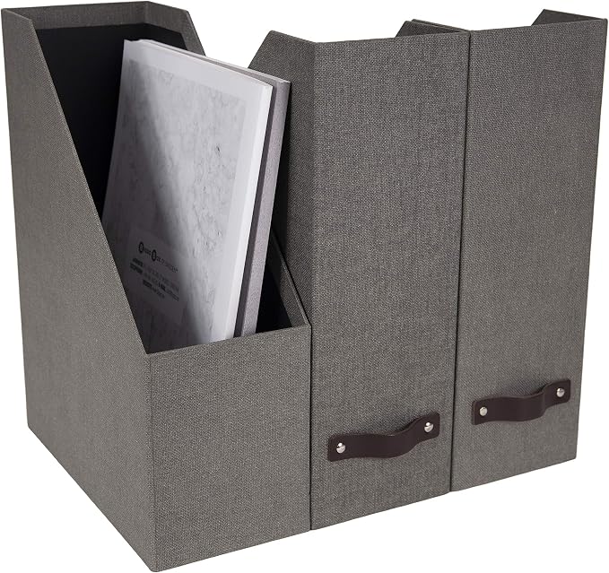 Bigso Box of Sweden Estelle Canvas Fiberboard Upright Magazine Storage Box Organizer for Papers & Catalogs w/Leather Handle | Magazine File Holder for Office Desks | 12.6" x 4.5" x 9.8" | Gray